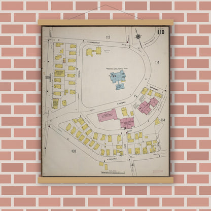 Old map wall art mockup — magnetic wood frame on brick wall — Sanborn Fire Insurance Map from Worcester, Worcester County, Massachusetts (1910), Sheet #0110