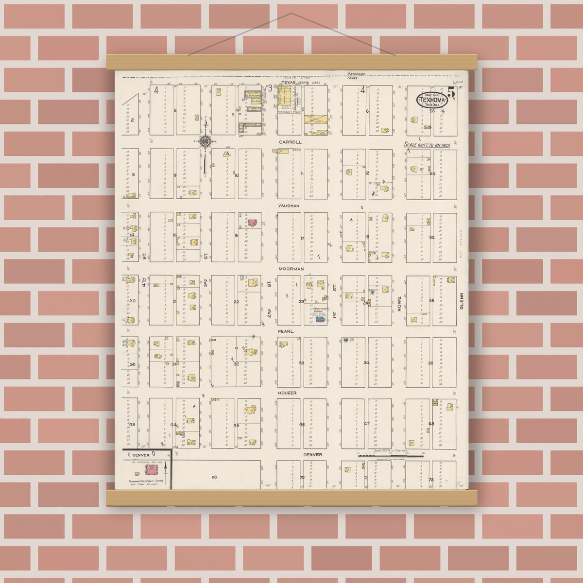 Old map wall art mockup — magnetic wood frame on brick wall — Sanborn Fire Insurance Map from Texhoma, Texas County, Oklahoma and Sherman County, Texas, Texas (1922), Sheet #0005