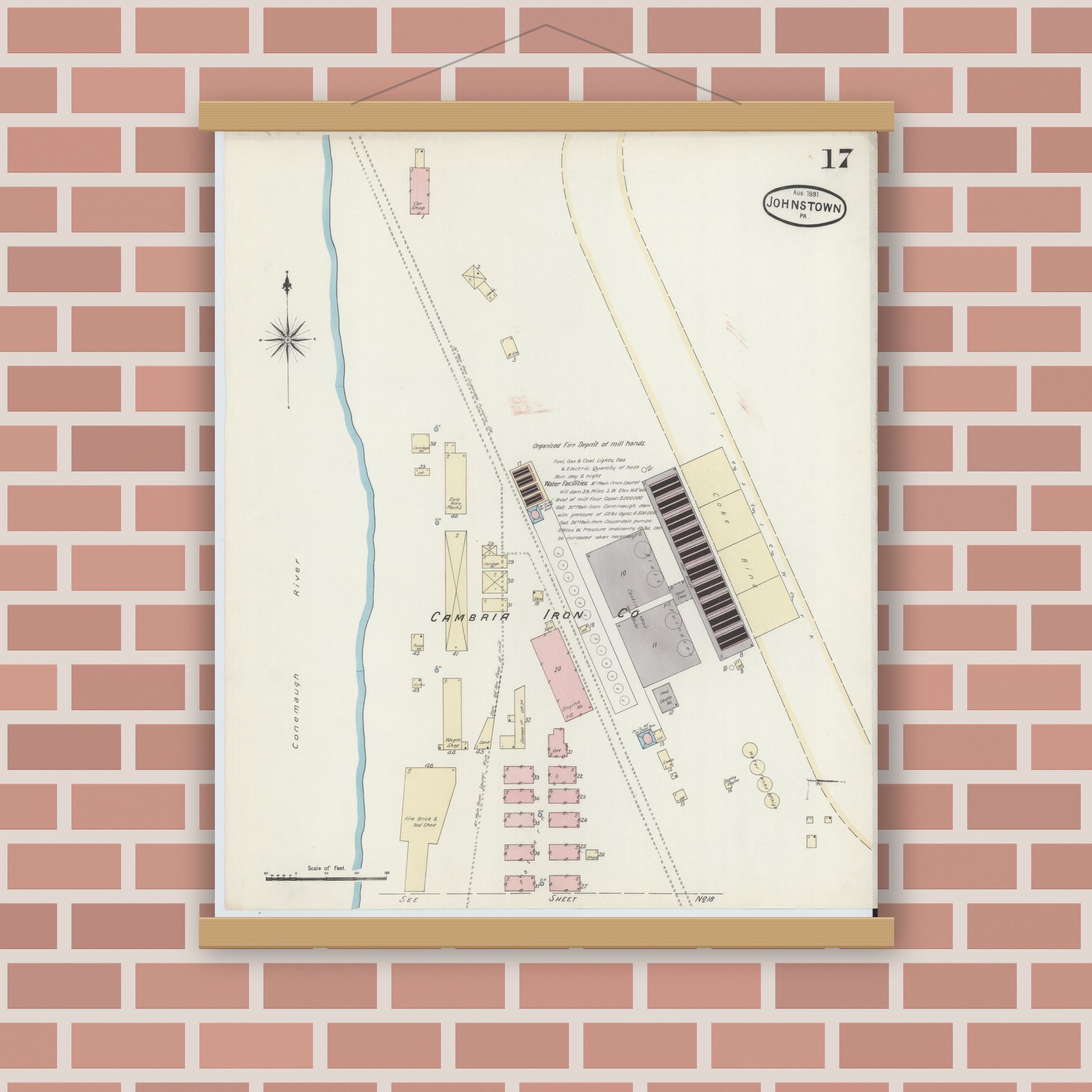 Old map wall art mockup — magnetic wood frame on brick wall — Sanborn Fire Insurance Map from Johnstown, Cambria County, Pennsylvania (1891), Sheet #0017