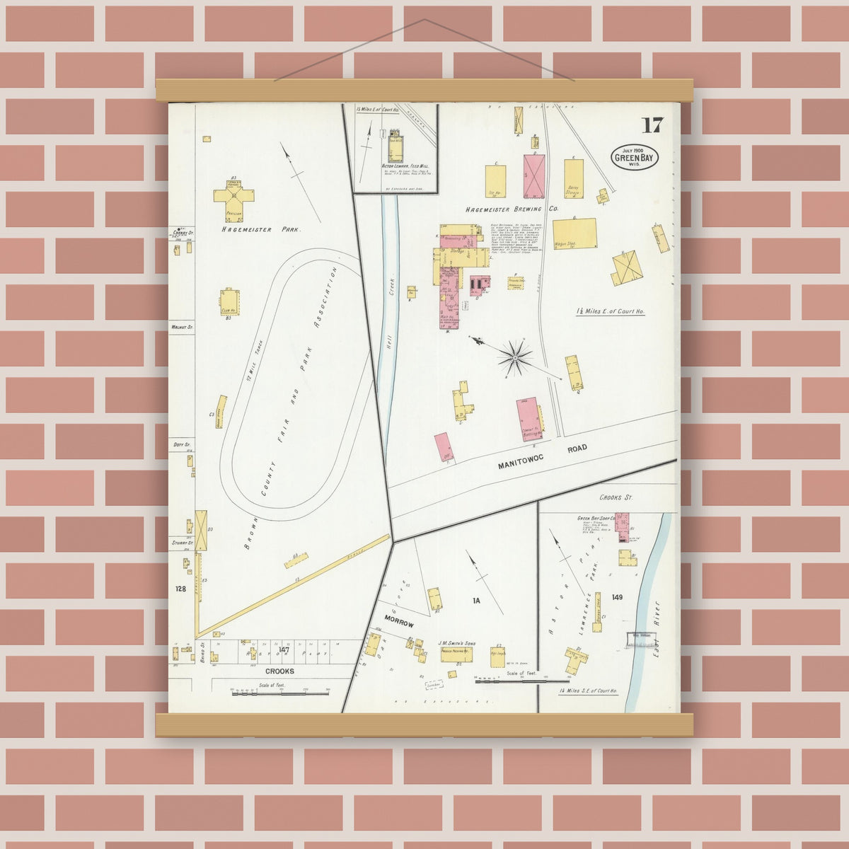 Old map wall art mockup — magnetic wood frame on brick wall — Sanborn Fire Insurance Map from Green Bay, Brown County, Wisconsin (1900), Sheet #0017