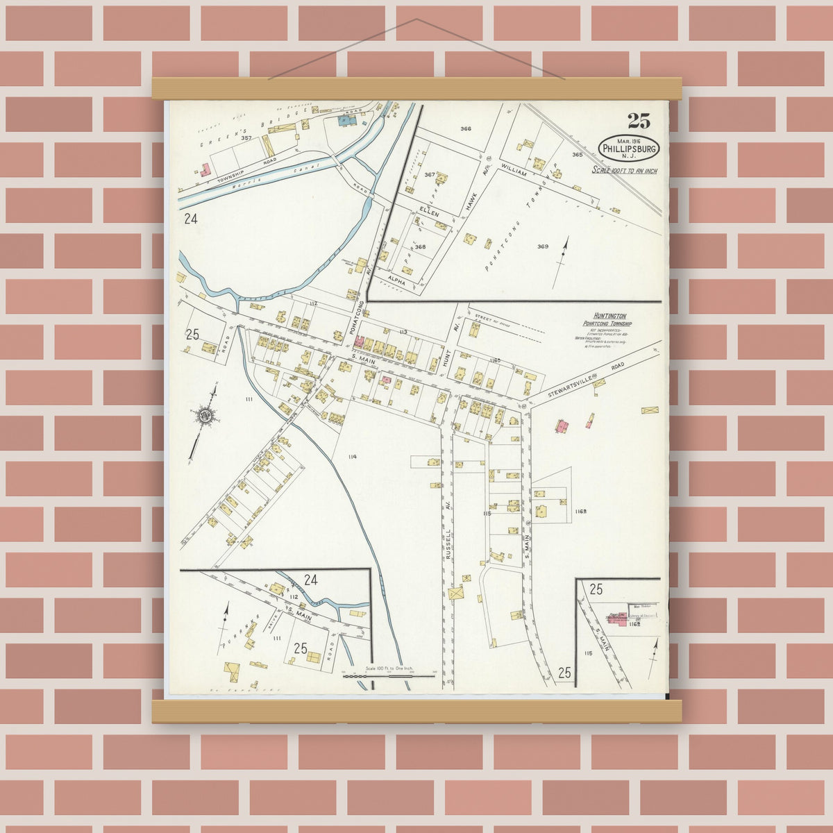 Old map wall art mockup — magnetic wood frame on brick wall — Sanborn Fire Insurance Map from Phillipsburg, Warren County, New Jersey (1916), Sheet #0025