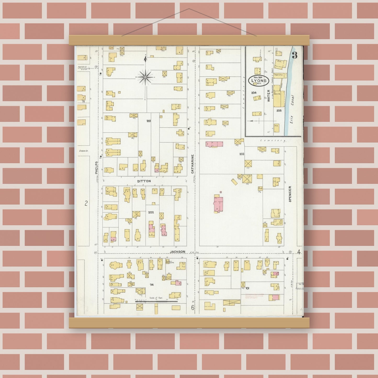 Old map wall art mockup — magnetic wood frame on brick wall — Sanborn Fire Insurance Map from Lyons, Wayne County, New York (1904), Sheet #0003