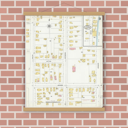 Old map wall art mockup — magnetic wood frame on brick wall — Sanborn Fire Insurance Map from Lyons, Wayne County, New York (1904), Sheet #0003