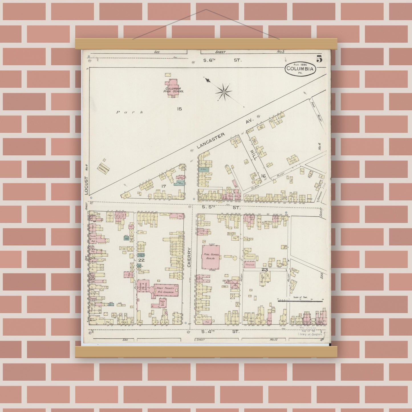 Old map wall art mockup — magnetic wood frame on brick wall — Sanborn Fire Insurance Map from Columbia, Lancaster County, Pennsylvania (1886), Sheet #0005