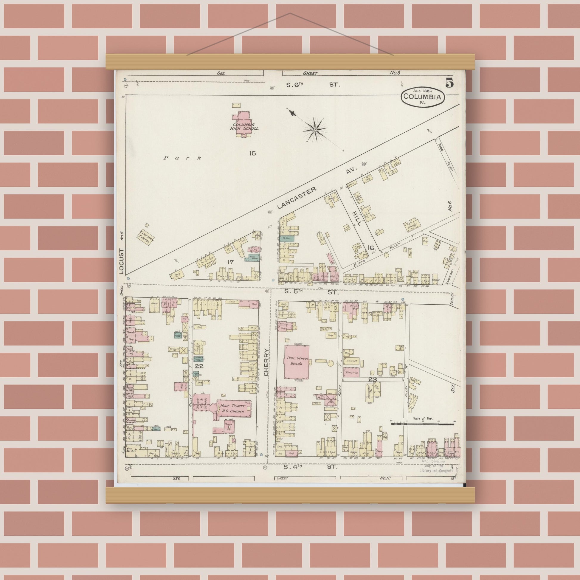 Old map wall art mockup — magnetic wood frame on brick wall — Sanborn Fire Insurance Map from Columbia, Lancaster County, Pennsylvania (1886), Sheet #0005