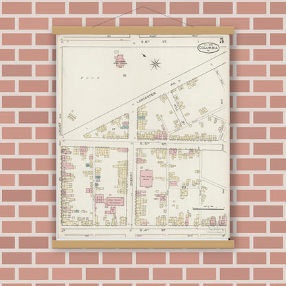 Old map wall art mockup — magnetic wood frame on brick wall — Sanborn Fire Insurance Map from Columbia, Lancaster County, Pennsylvania (1886), Sheet #0005