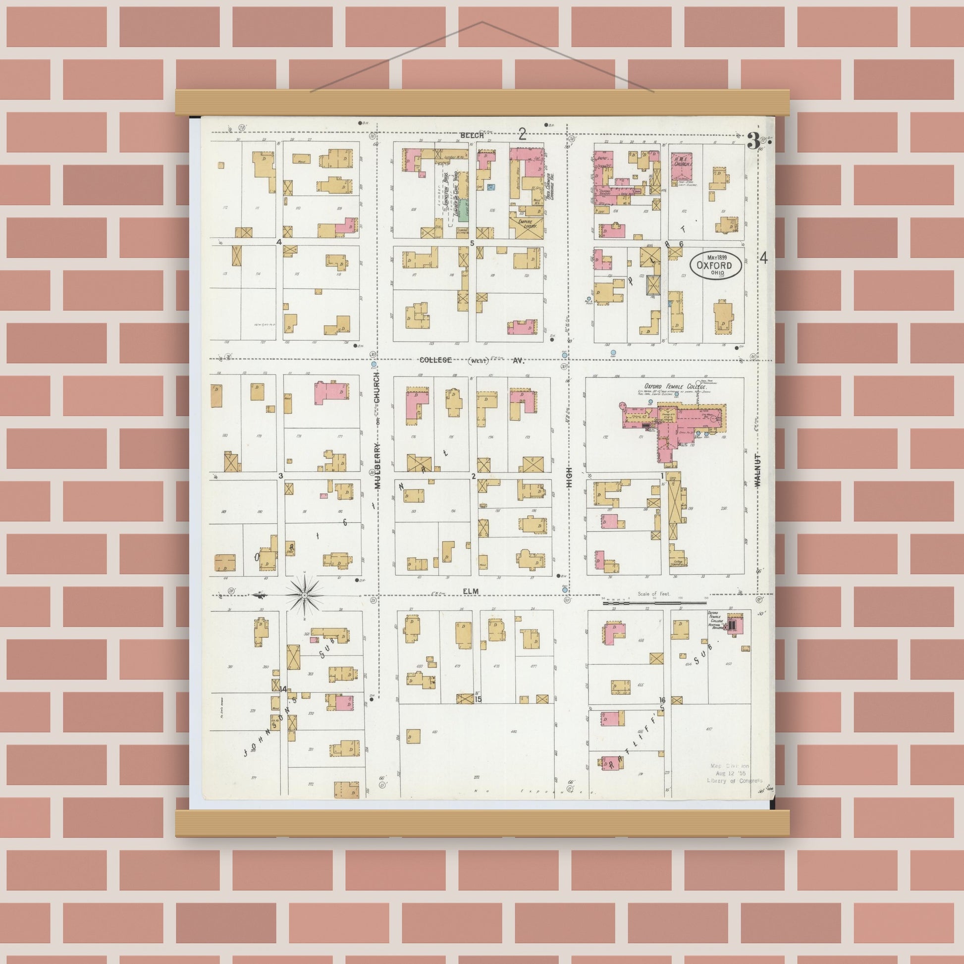 Old map wall art mockup — magnetic wood frame on brick wall — Sanborn Fire Insurance Map from Oxford, Butler County, Ohio (1899), Sheet #0003