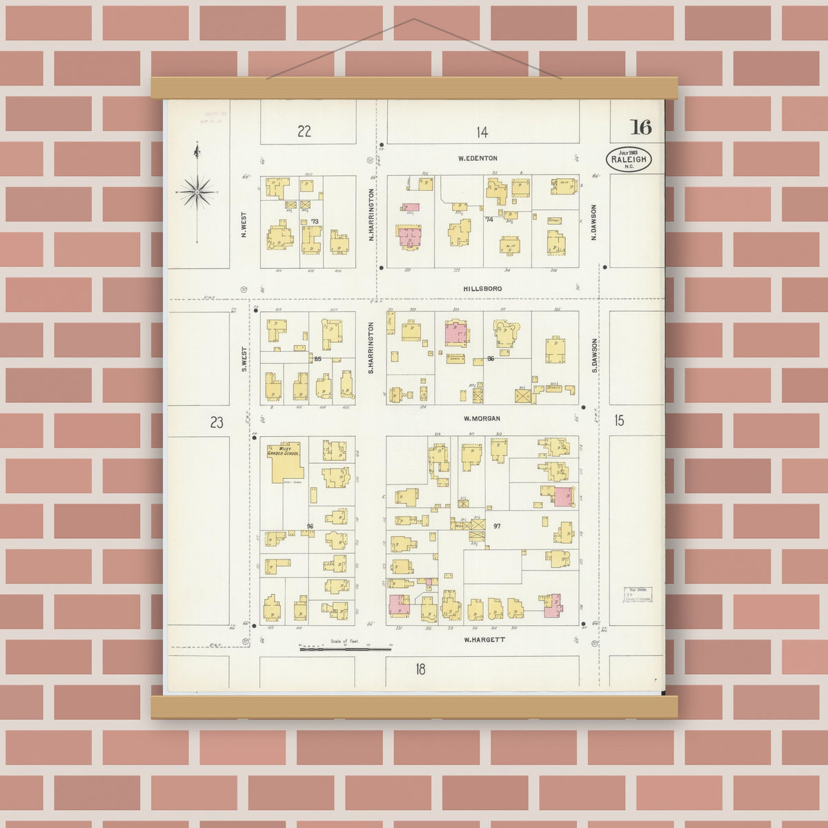 Old map wall art mockup — magnetic wood frame on brick wall — Sanborn Fire Insurance Map from Raleigh, Wake County, North Carolina (1903), Sheet #0016
