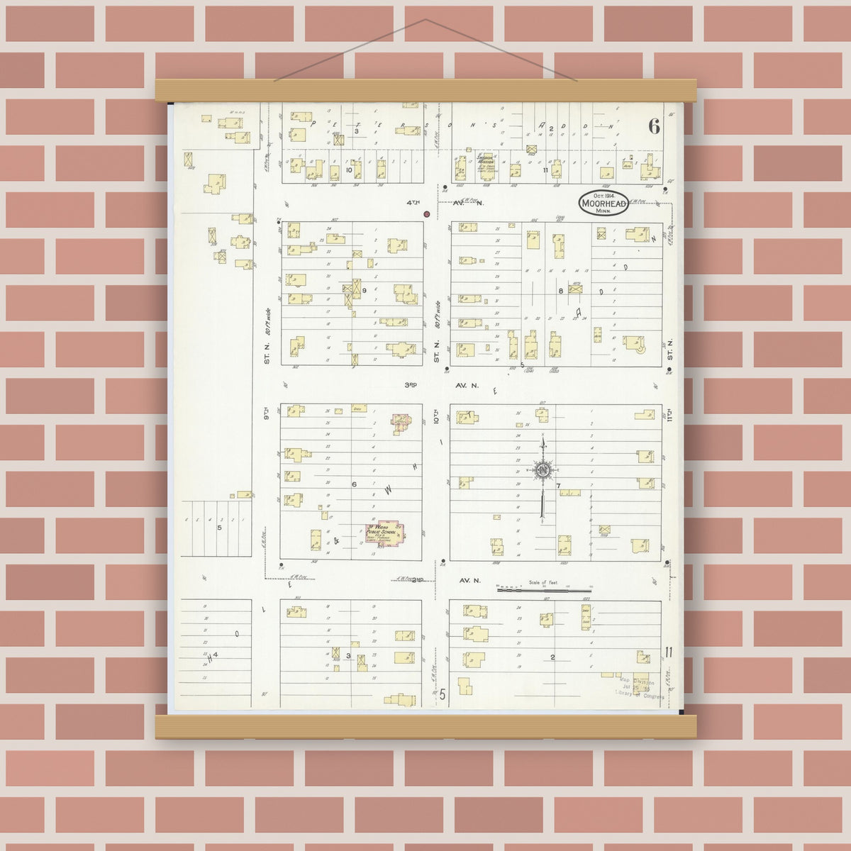 Old map wall art mockup — magnetic wood frame on brick wall — Sanborn Fire Insurance Map from Moorhead, Clay County, Minnesota (1914), Sheet #0006