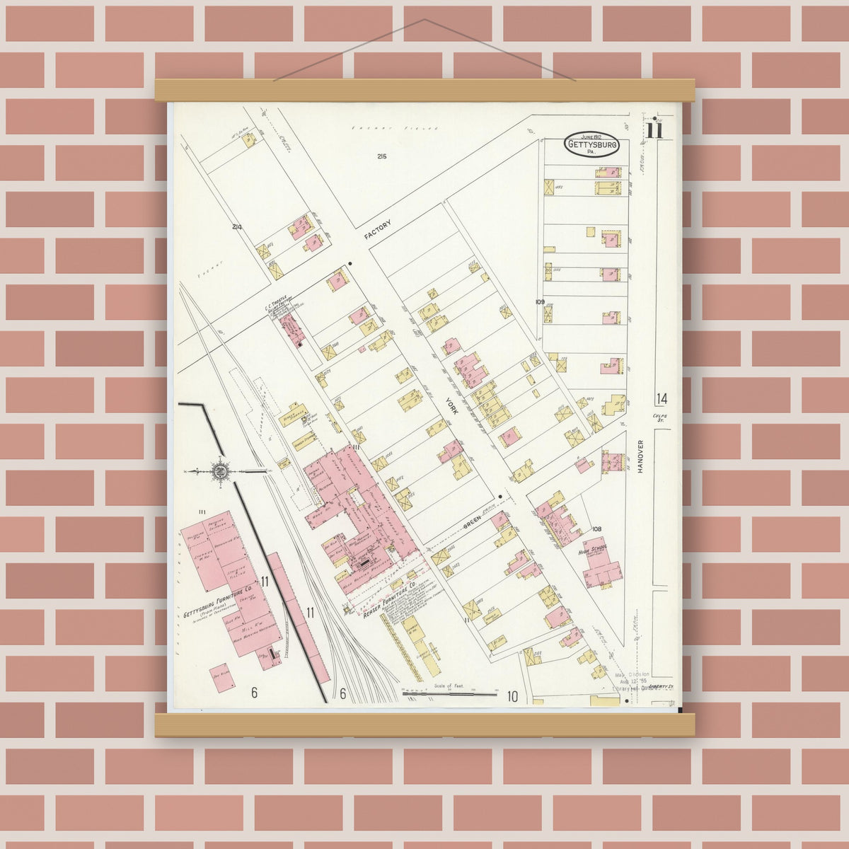 Old map wall art mockup — magnetic wood frame on brick wall — Sanborn Fire Insurance Map from Gettysburg, Adams County, Pennsylvania (1912), Sheet #0011