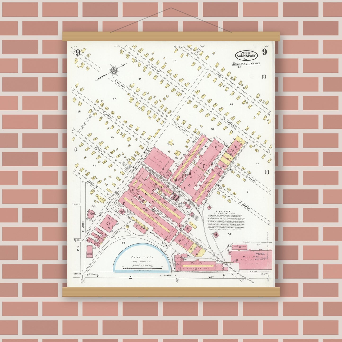 Old map wall art mockup — magnetic wood frame on brick wall — Sanborn Fire Insurance Map from Kannapolis, Rowan And Cabarrus Counties, North Carolina (1926), Sheet #0009
