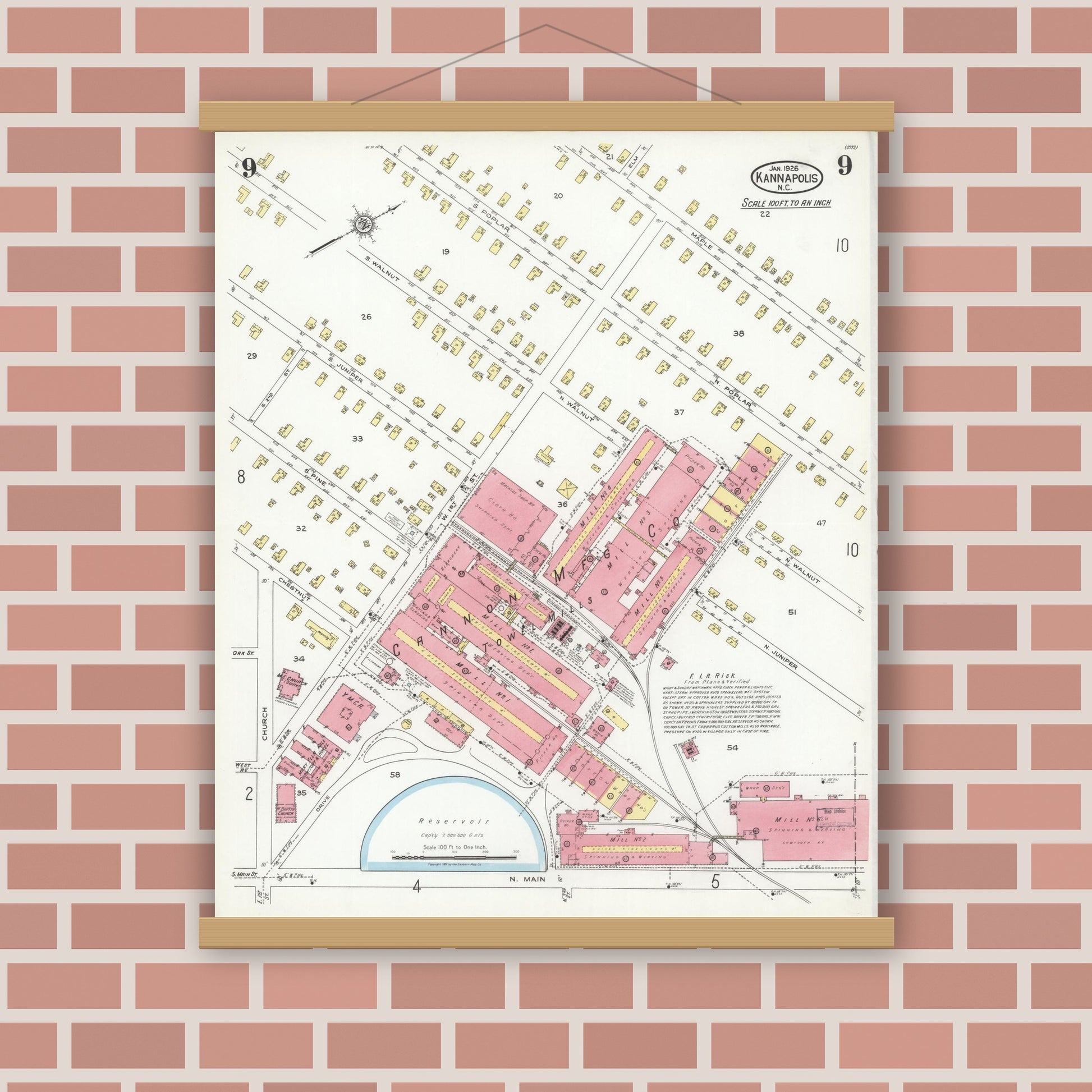 Old map wall art mockup — magnetic wood frame on brick wall — Sanborn Fire Insurance Map from Kannapolis, Rowan And Cabarrus Counties, North Carolina (1926), Sheet #0009