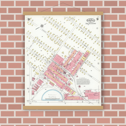 Old map wall art mockup — magnetic wood frame on brick wall — Sanborn Fire Insurance Map from Kannapolis, Rowan And Cabarrus Counties, North Carolina (1926), Sheet #0009