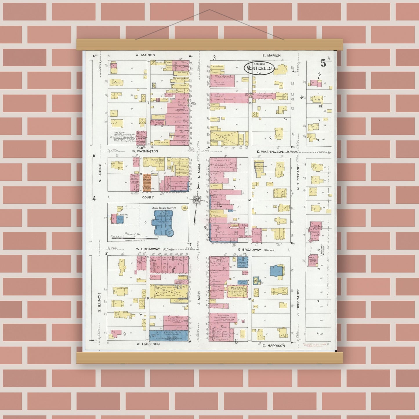 Old map wall art mockup — magnetic wood frame on brick wall — Sanborn Fire Insurance Map from Monticello, White County, Indiana (1919), Sheet #0005