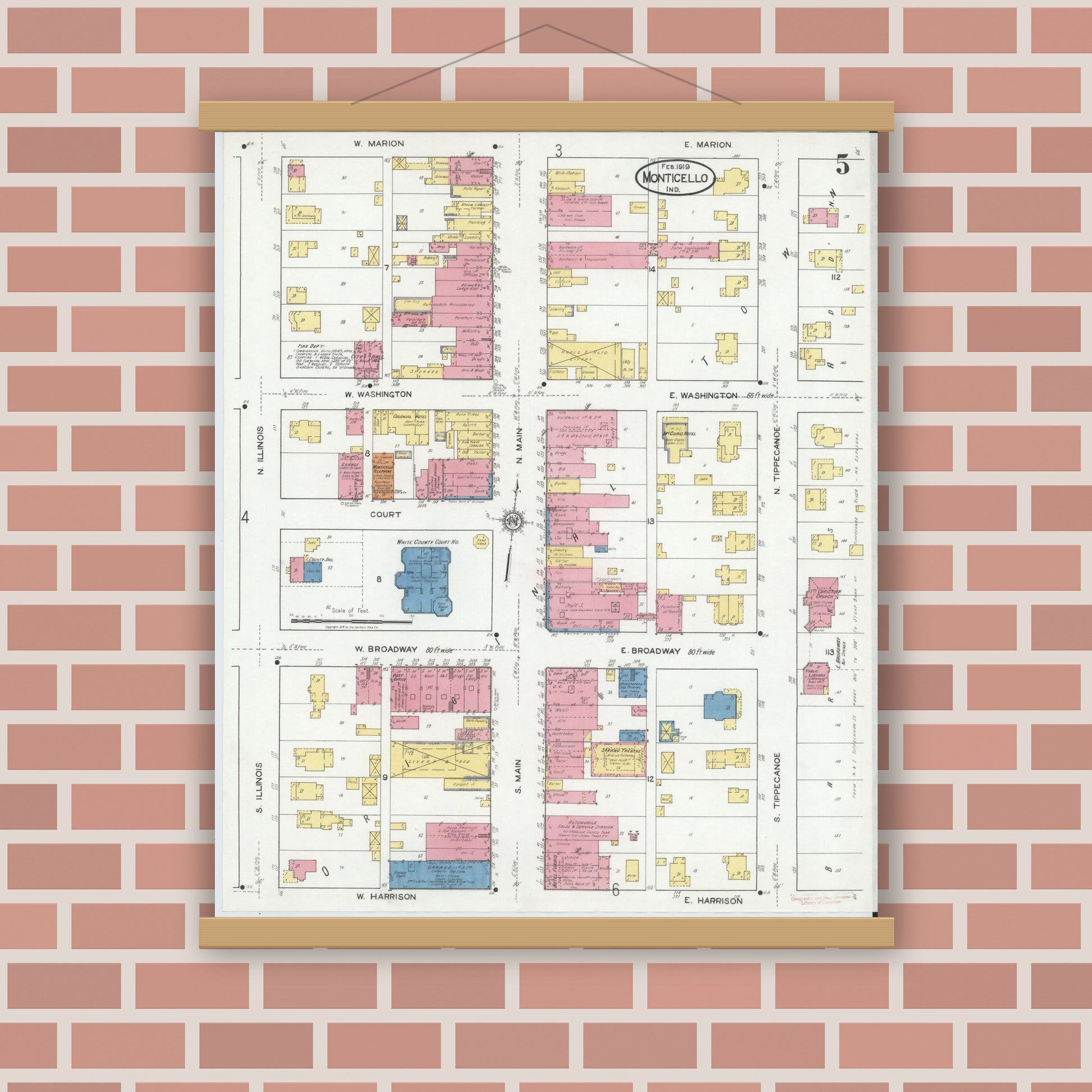 Old map wall art mockup — magnetic wood frame on brick wall — Sanborn Fire Insurance Map from Monticello, White County, Indiana (1919), Sheet #0005