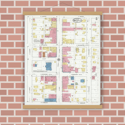 Old map wall art mockup — magnetic wood frame on brick wall — Sanborn Fire Insurance Map from Monticello, White County, Indiana (1919), Sheet #0005