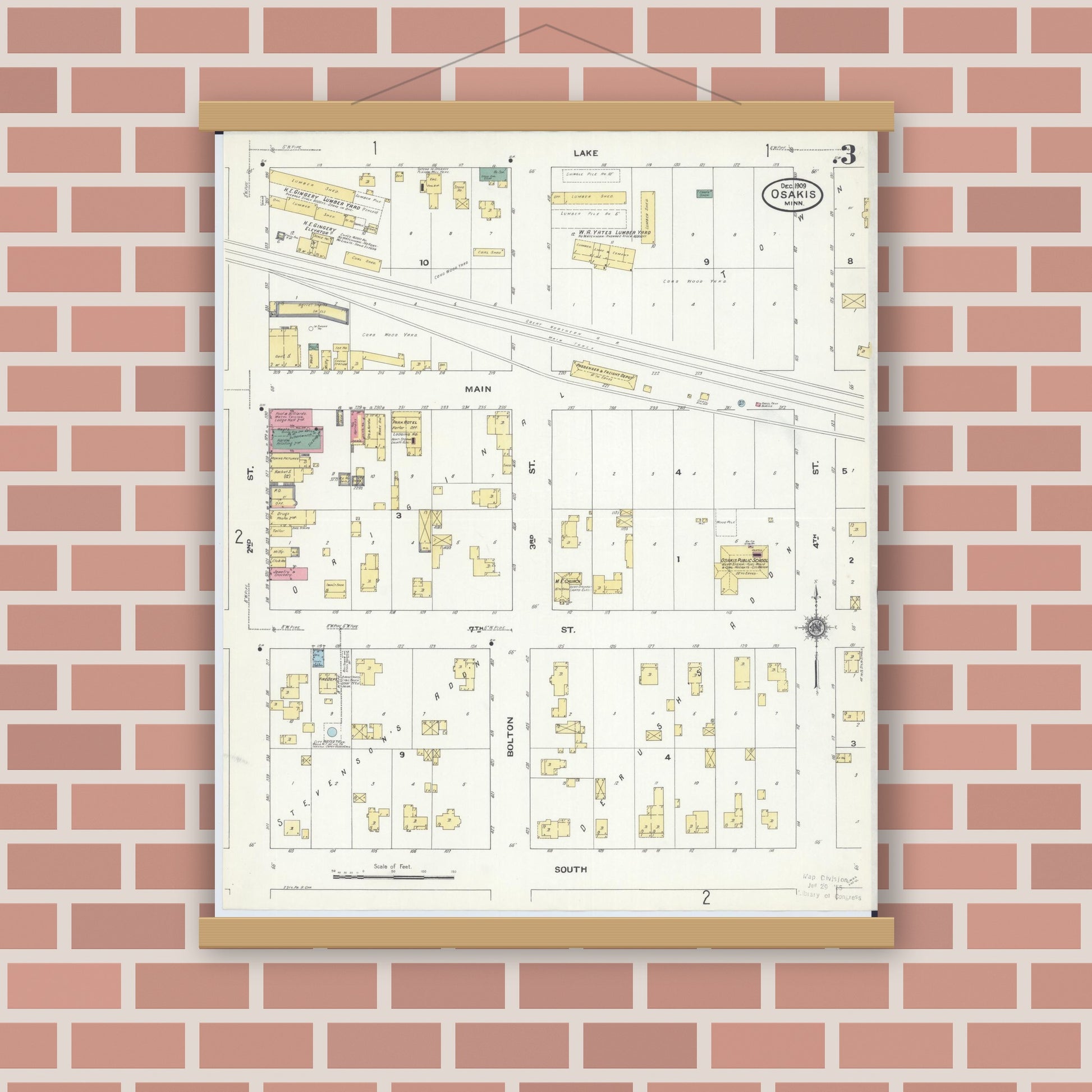 Old map wall art mockup — magnetic wood frame on brick wall — Sanborn Fire Insurance Map from Osakis, Douglas and Todd Counties, Minnesota (1909), Sheet #0003