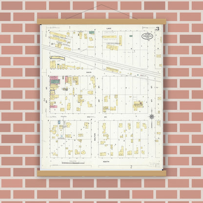 Old map wall art mockup — magnetic wood frame on brick wall — Sanborn Fire Insurance Map from Osakis, Douglas and Todd Counties, Minnesota (1909), Sheet #0003