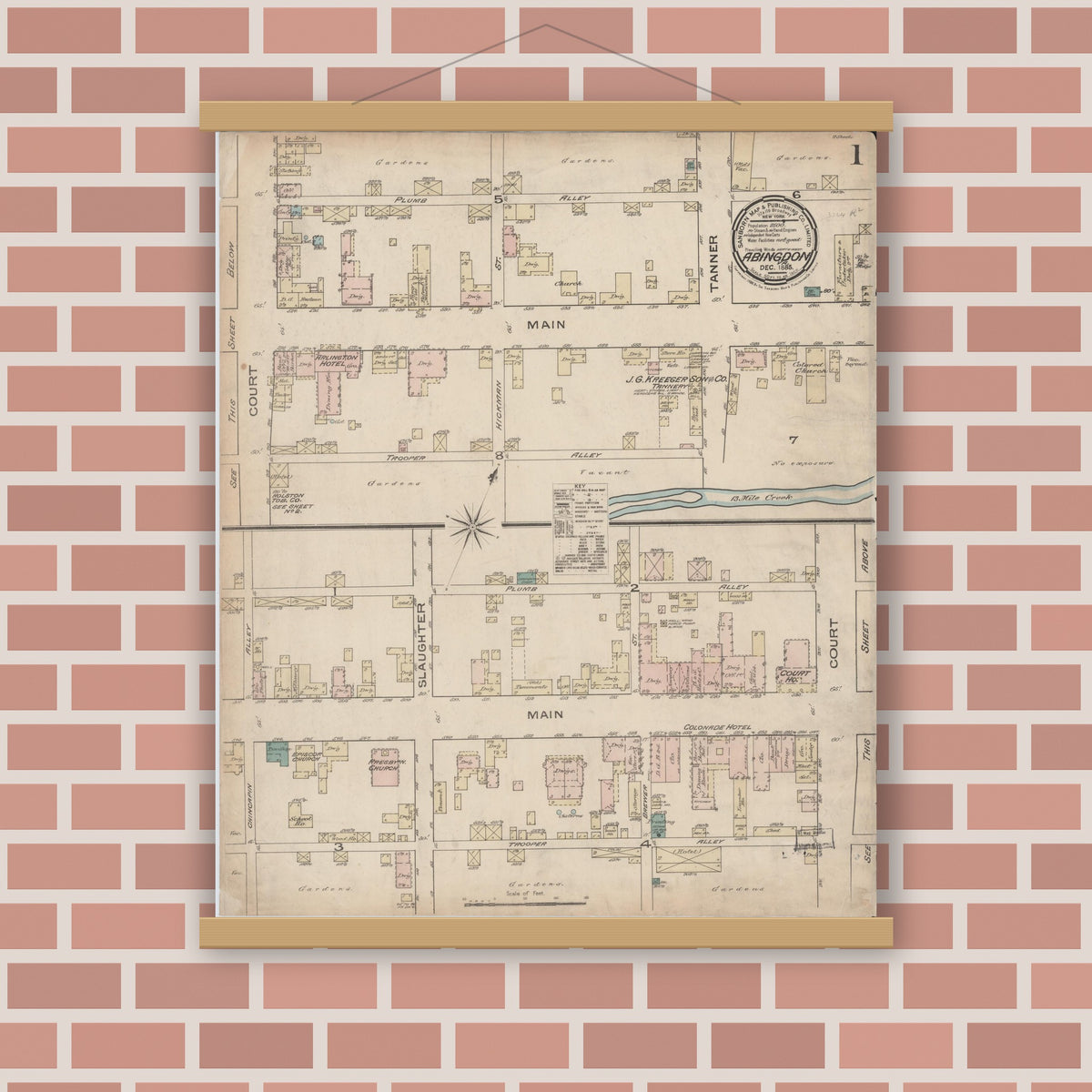 Old map wall art mockup — magnetic wood frame on brick wall — Sanborn Fire Insurance Map from Abingdon, Washington County, Virginia (Unknown) - Complete Map Set