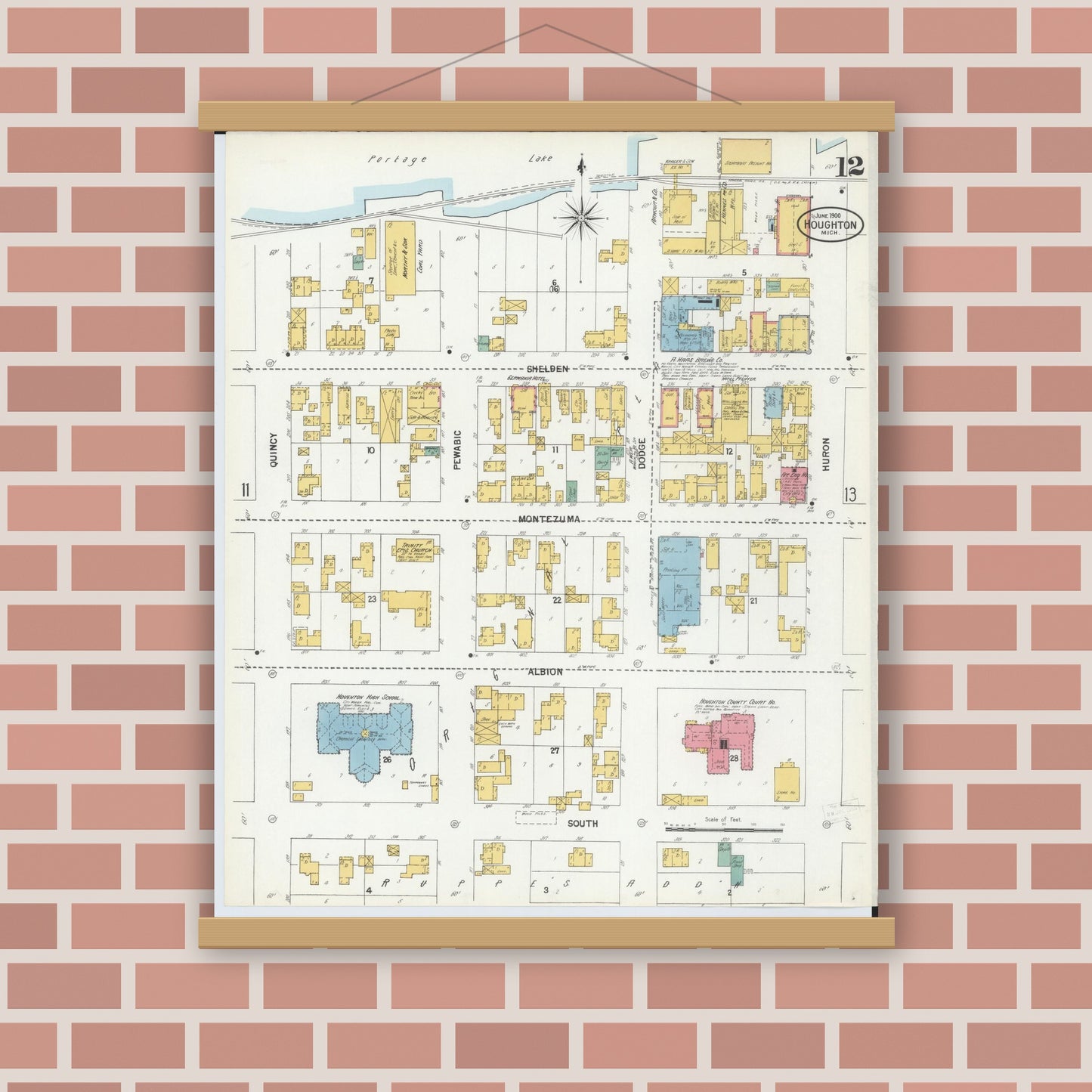 Old map wall art mockup — magnetic wood frame on brick wall — Sanborn Fire Insurance Map from Houghton, Houghton County, Michigan (1900), Sheet #0012