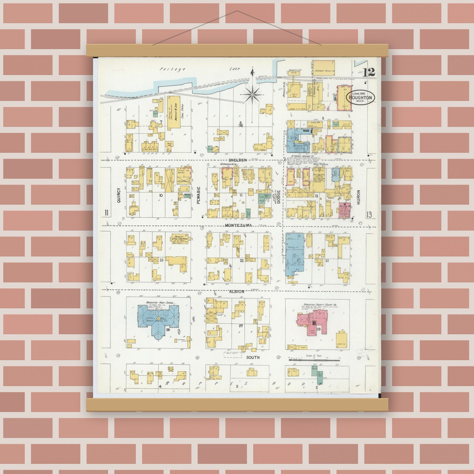 Old map wall art mockup — magnetic wood frame on brick wall — Sanborn Fire Insurance Map from Houghton, Houghton County, Michigan (1900), Sheet #0012