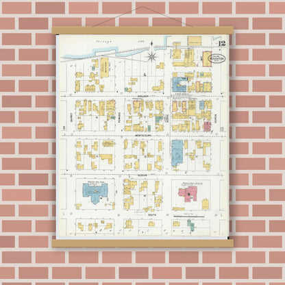 Old map wall art mockup — magnetic wood frame on brick wall — Sanborn Fire Insurance Map from Houghton, Houghton County, Michigan (1900), Sheet #0012