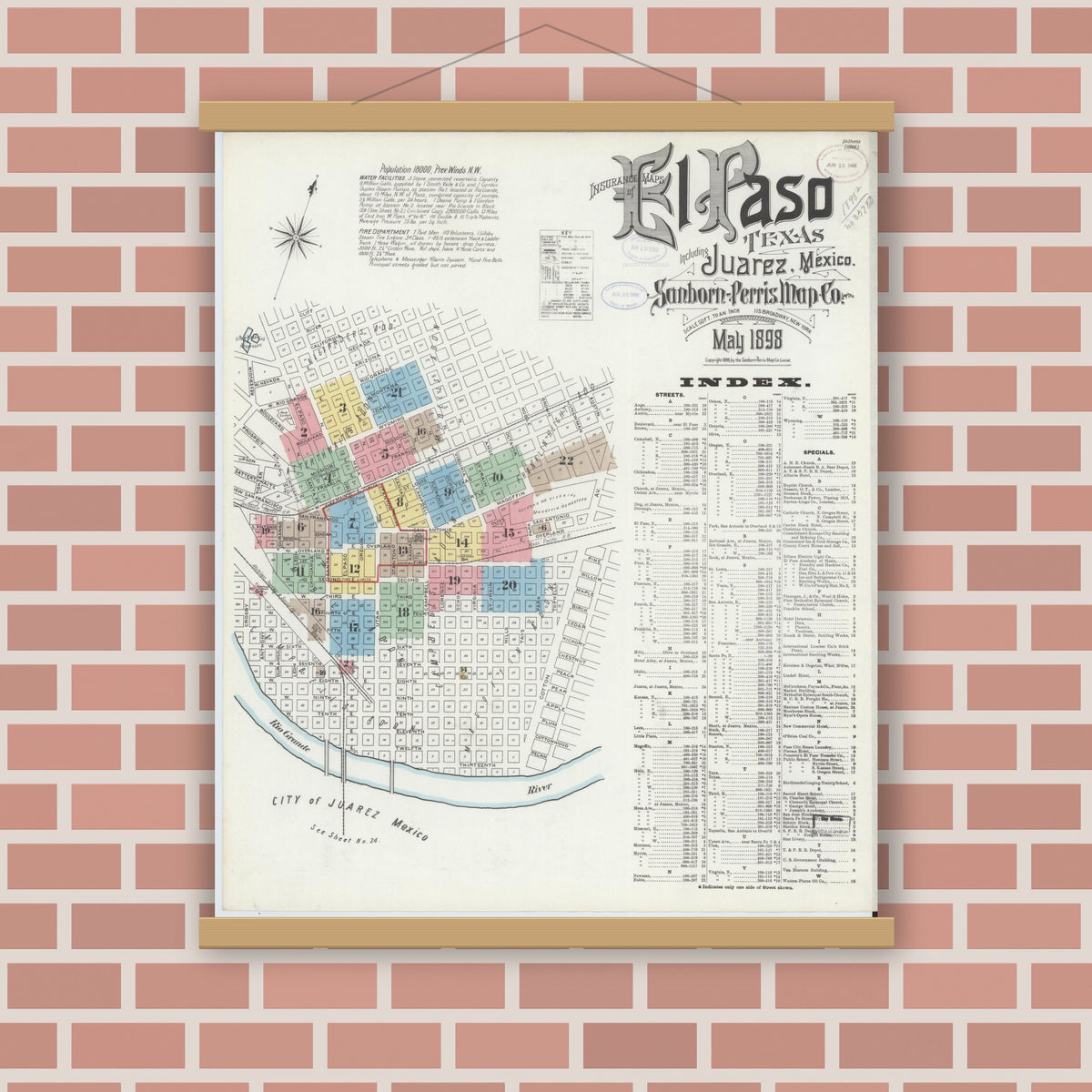 Old map wall art mockup — magnetic wood frame on brick wall — Sanborn Fire Insurance Map from El Paso, El Paso County, Texas (1898) - Complete Map Set