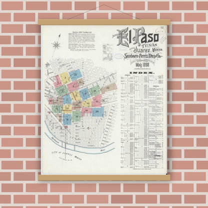 Old map wall art mockup — magnetic wood frame on brick wall — Sanborn Fire Insurance Map from El Paso, El Paso County, Texas (1898) - Complete Map Set