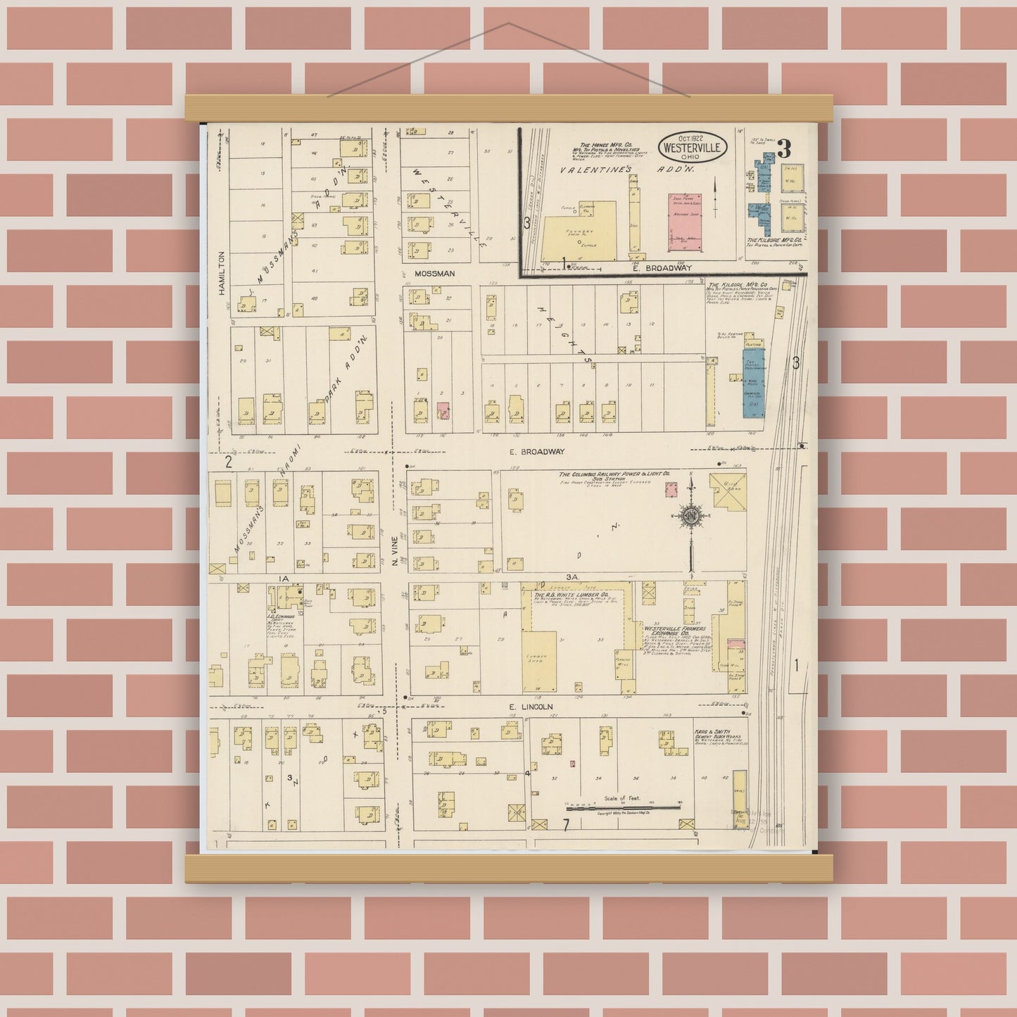 Old map wall art mockup — magnetic wood frame on brick wall — Sanborn Fire Insurance Map from Westerville, Franklin County, Ohio (1922), Sheet #0003