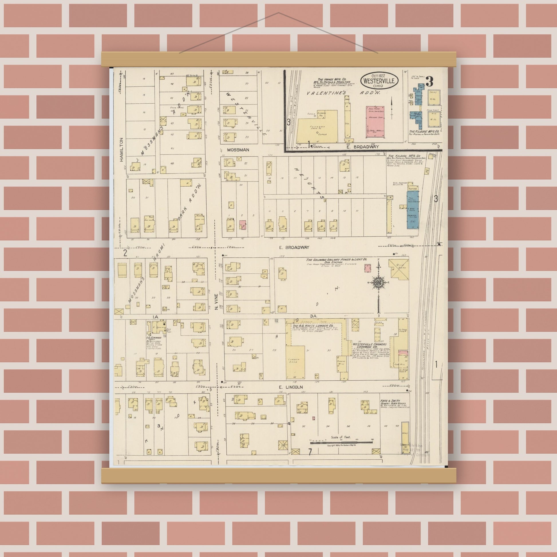 Old map wall art mockup — magnetic wood frame on brick wall — Sanborn Fire Insurance Map from Westerville, Franklin County, Ohio (1922), Sheet #0003