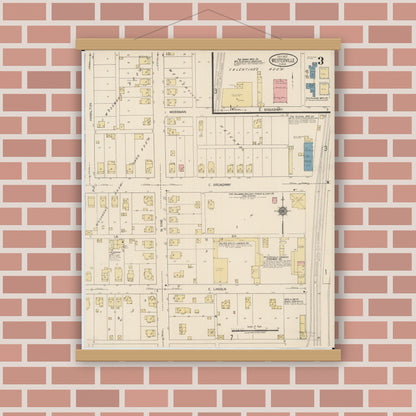 Old map wall art mockup — magnetic wood frame on brick wall — Sanborn Fire Insurance Map from Westerville, Franklin County, Ohio (1922), Sheet #0003