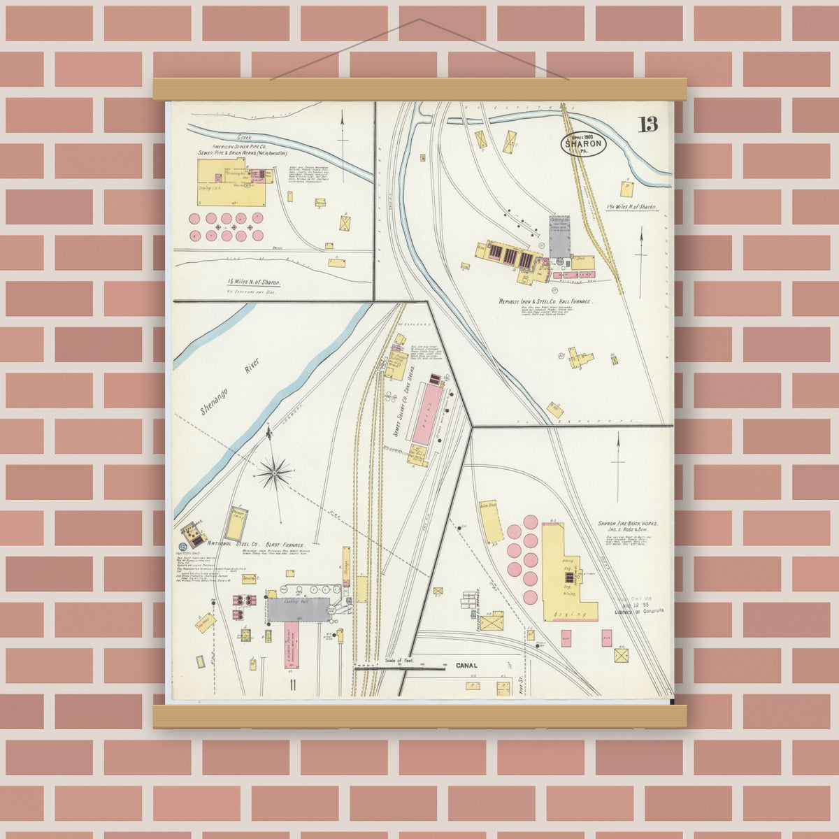 Old map wall art mockup — magnetic wood frame on brick wall — Sanborn Fire Insurance Map from Sharon, Mercer County, Pennsylvania (1903), Sheet #0013