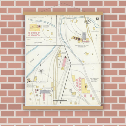 Old map wall art mockup — magnetic wood frame on brick wall — Sanborn Fire Insurance Map from Sharon, Mercer County, Pennsylvania (1903), Sheet #0013