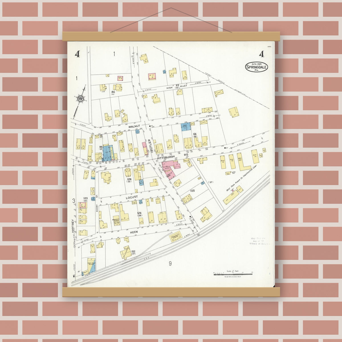 Old map wall art mockup — magnetic wood frame on brick wall — Sanborn Fire Insurance Map from Springdale, Allegheny County, Pennsylvania (1924), Sheet #0004