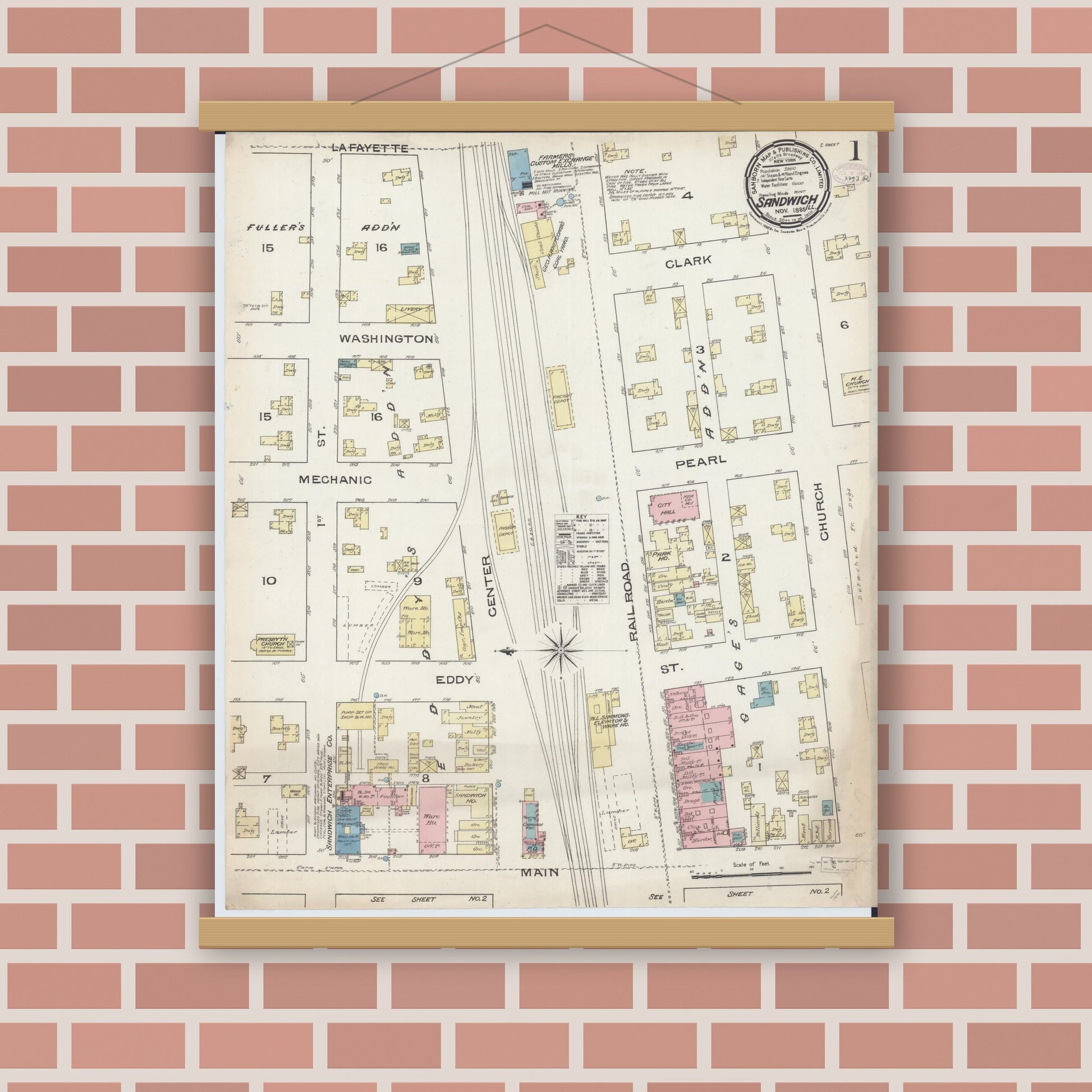 Old map wall art mockup — magnetic wood frame on brick wall — Sanborn Fire Insurance Map from Sandwich, De Kalb County, Illinois (1885), Sheet #0001