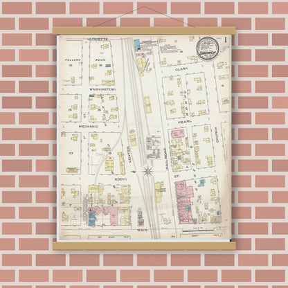 Old map wall art mockup — magnetic wood frame on brick wall — Sanborn Fire Insurance Map from Sandwich, De Kalb County, Illinois (1885), Sheet #0001
