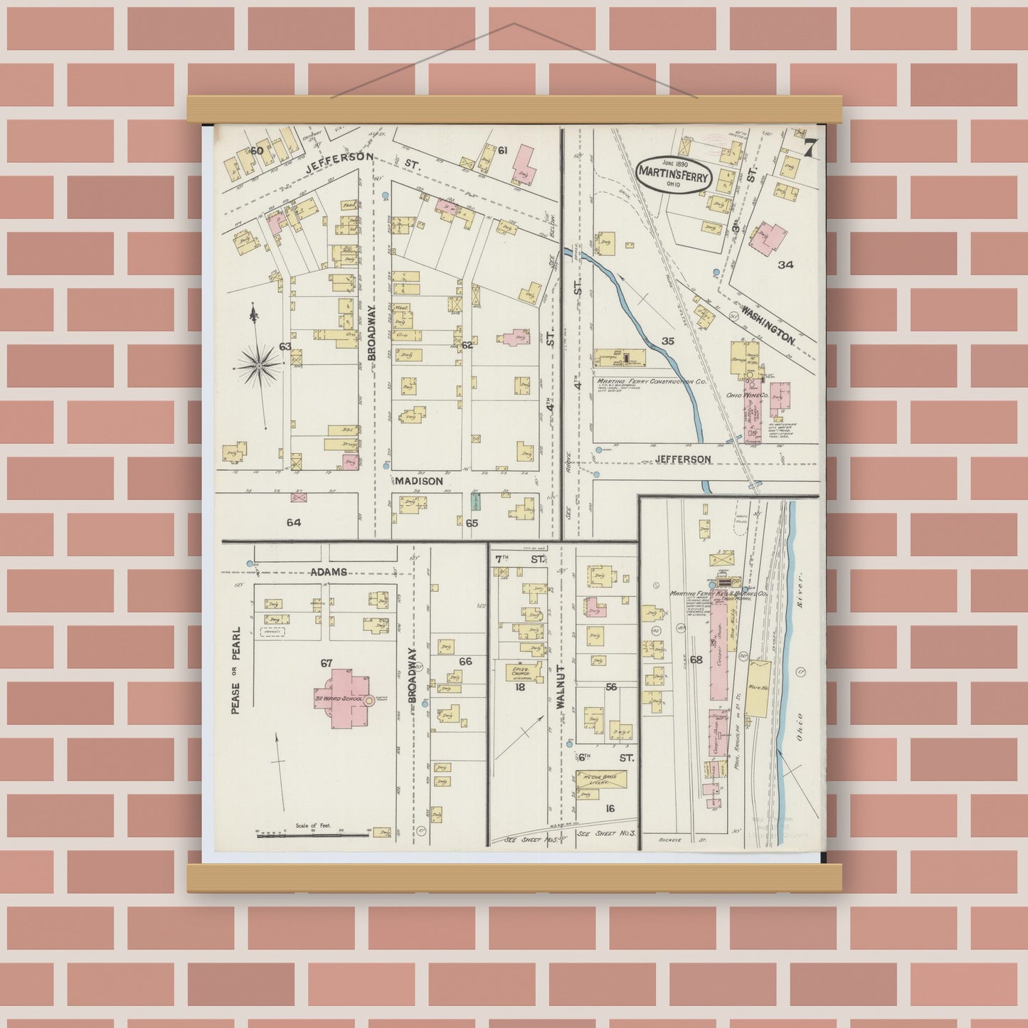 Old map wall art mockup — magnetic wood frame on brick wall — Sanborn Fire Insurance Map from Martins Ferry, Belmont County, Ohio (1890), Sheet #0007