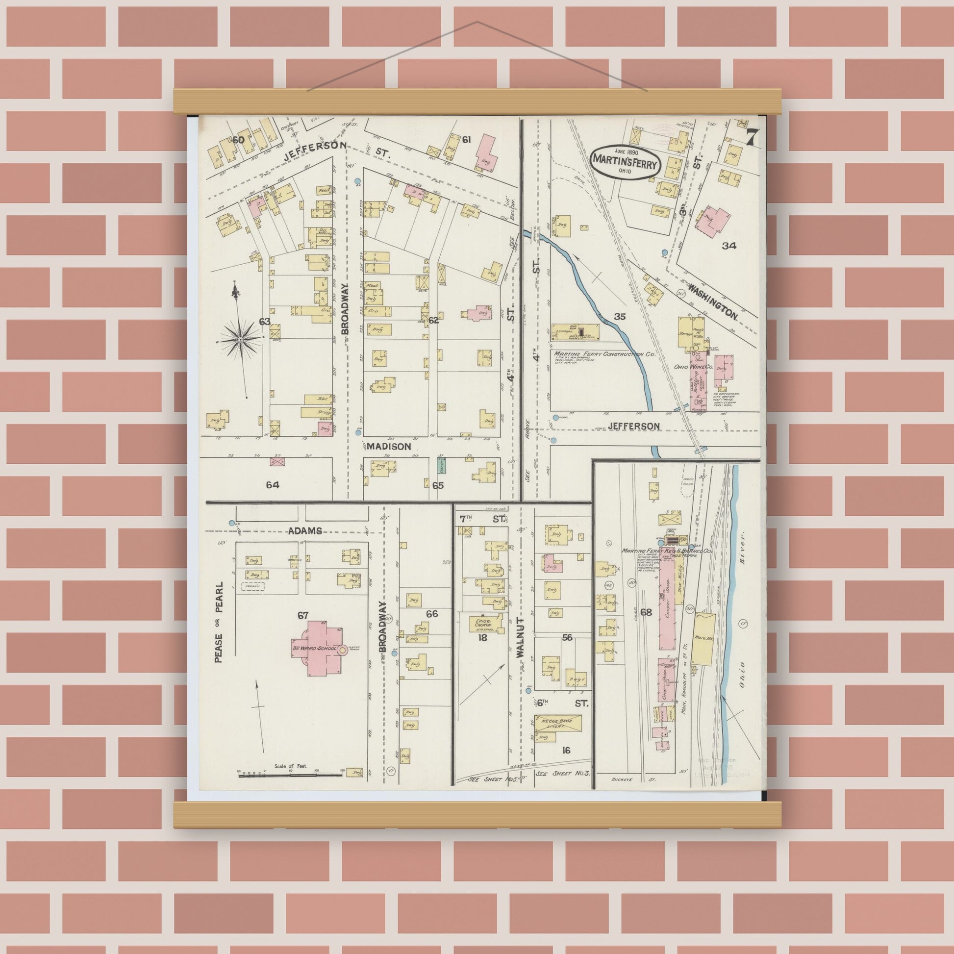 Old map wall art mockup — magnetic wood frame on brick wall — Sanborn Fire Insurance Map from Martins Ferry, Belmont County, Ohio (1890), Sheet #0007