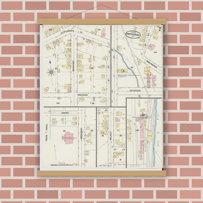 Old map wall art mockup — magnetic wood frame on brick wall — Sanborn Fire Insurance Map from Martins Ferry, Belmont County, Ohio (1890), Sheet #0007
