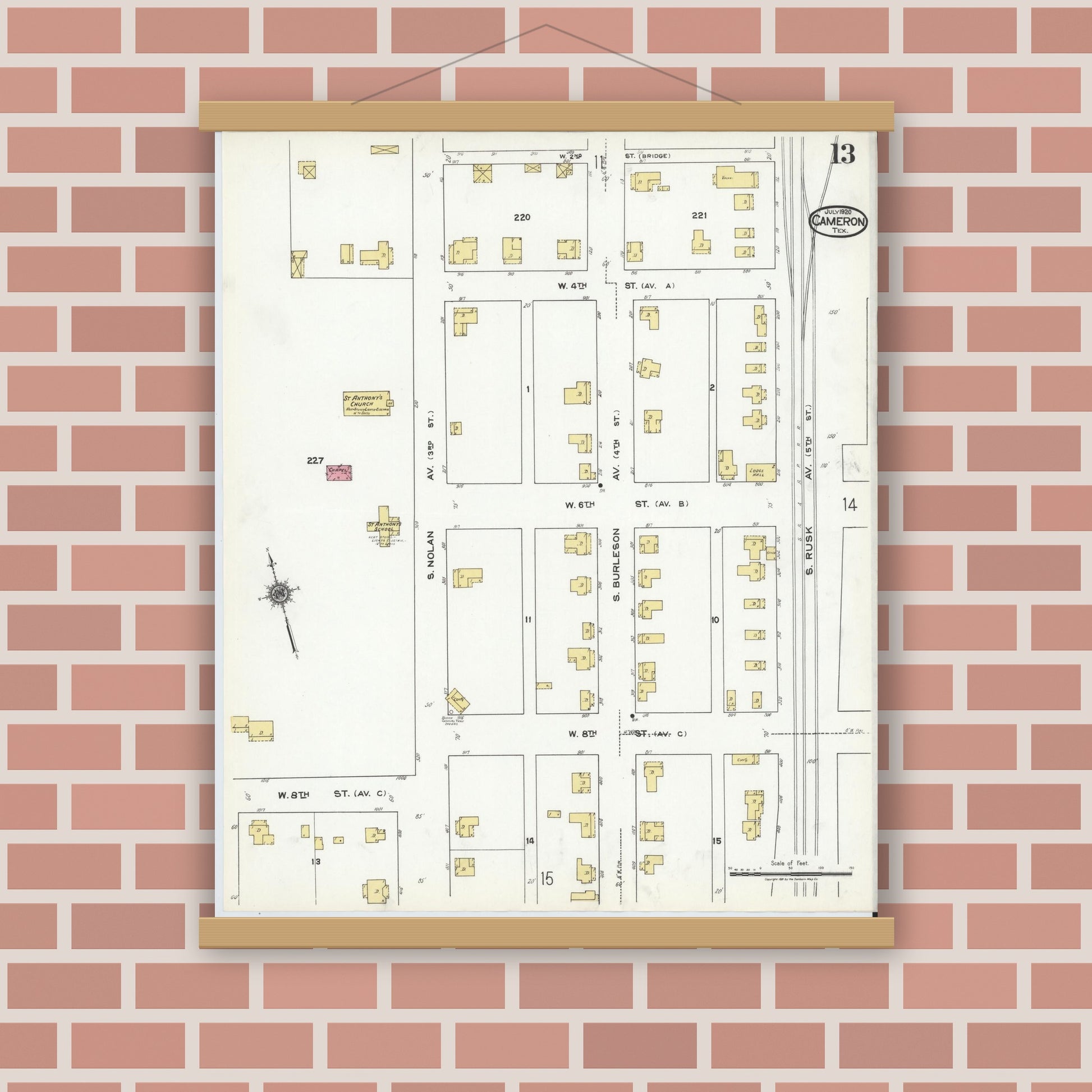 Old map wall art mockup — magnetic wood frame on brick wall — Sanborn Fire Insurance Map from Cameron, Milam County, Texas (1920), Sheet #0013