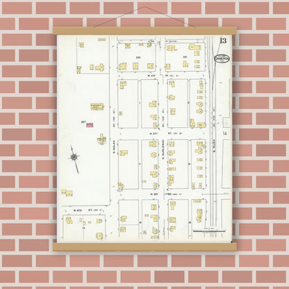 Old map wall art mockup — magnetic wood frame on brick wall — Sanborn Fire Insurance Map from Cameron, Milam County, Texas (1920), Sheet #0013