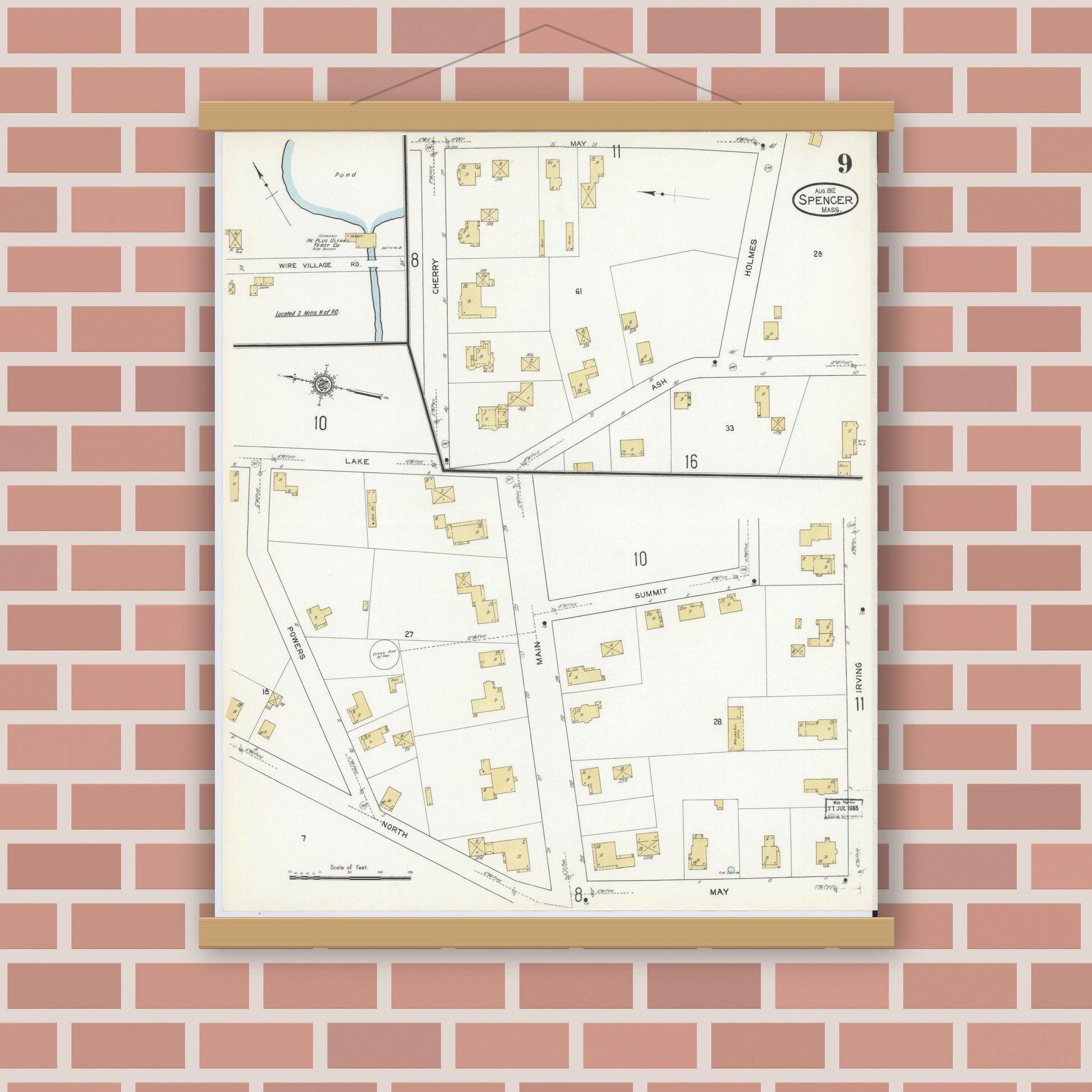 Old map wall art mockup — magnetic wood frame on brick wall — Sanborn Fire Insurance Map from Spencer, Worcester County, Massachusetts (1912), Sheet #0009