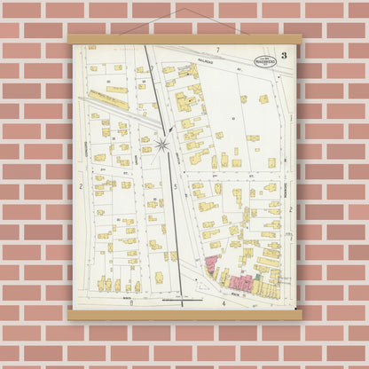 Old map wall art mockup — magnetic wood frame on brick wall — Sanborn Fire Insurance Map from Riverhead, Suffolk County, New York (1902), Sheet #0003