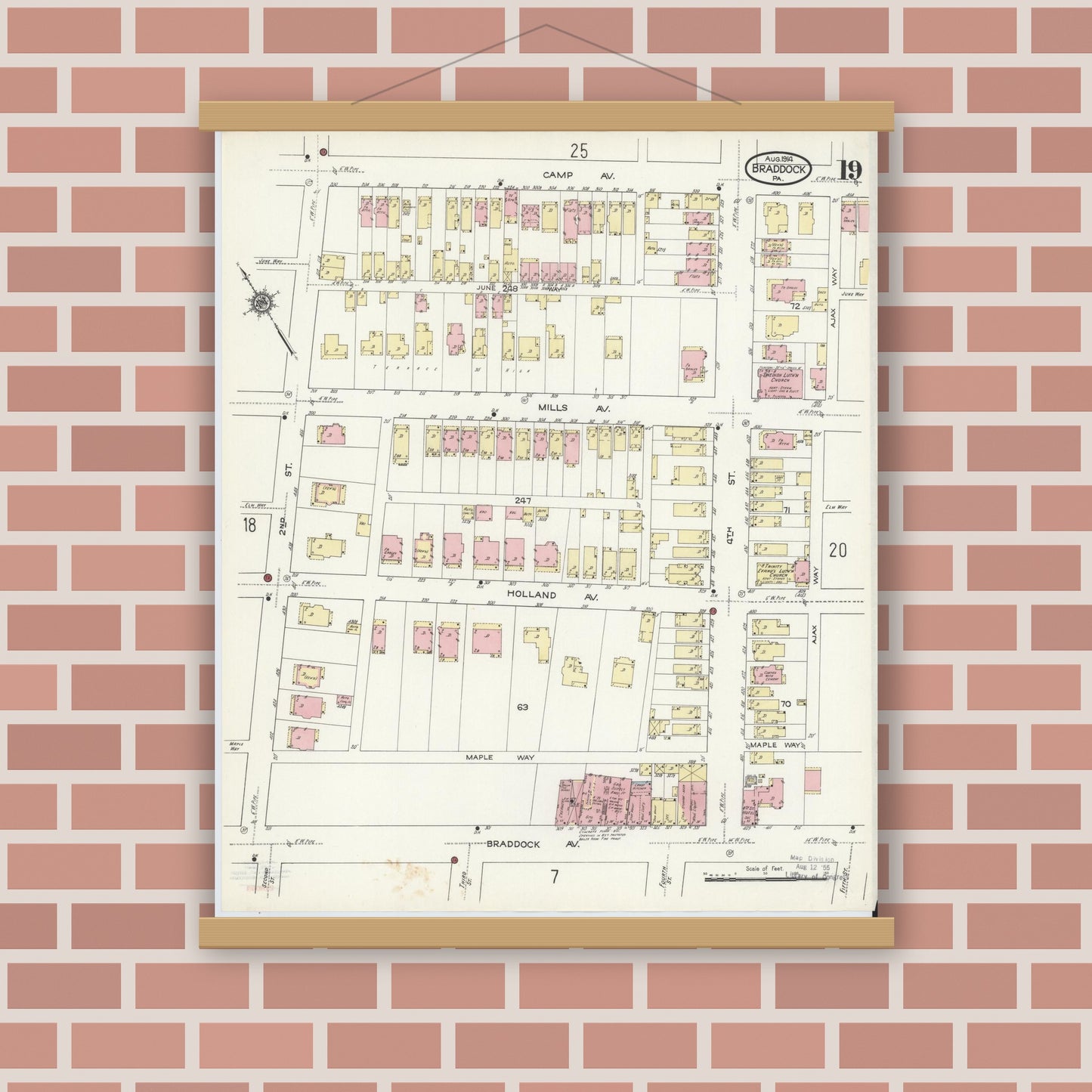 Old map wall art mockup — magnetic wood frame on brick wall — Sanborn Fire Insurance Map from Braddock, Allegheny County, Pennsylvania (1914), Sheet #0019