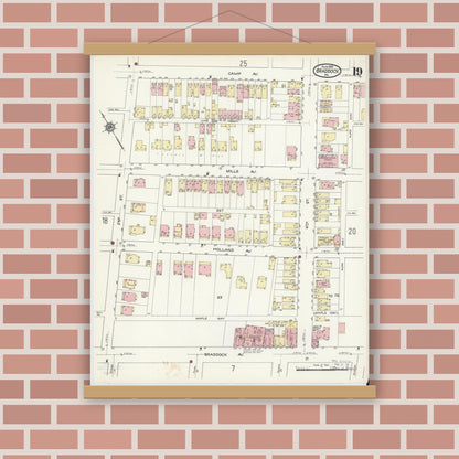 Old map wall art mockup — magnetic wood frame on brick wall — Sanborn Fire Insurance Map from Braddock, Allegheny County, Pennsylvania (1914), Sheet #0019