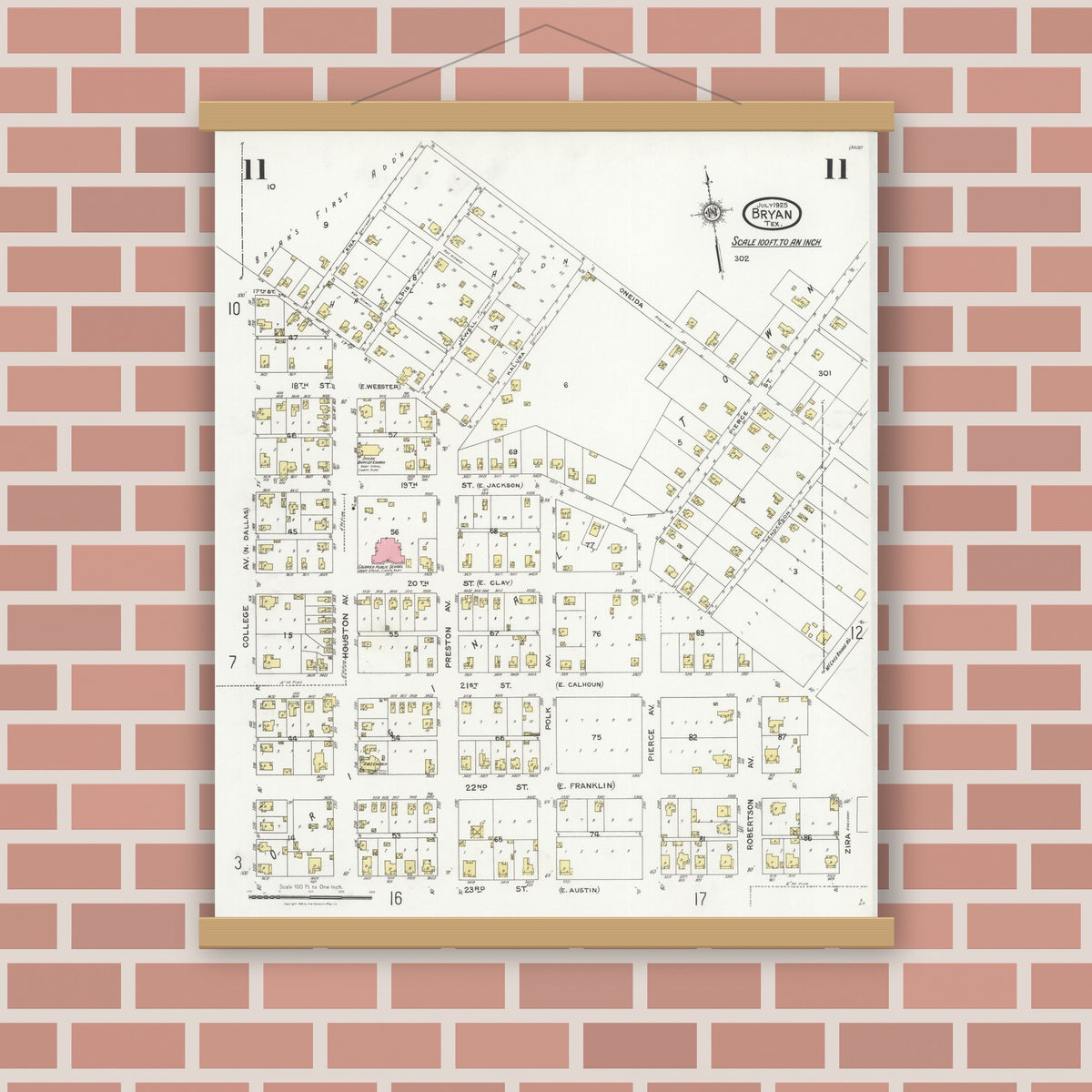 Old map wall art mockup — magnetic wood frame on brick wall — Sanborn Fire Insurance Map from Bryan, Brazos County, Texas (1925), Sheet #0011