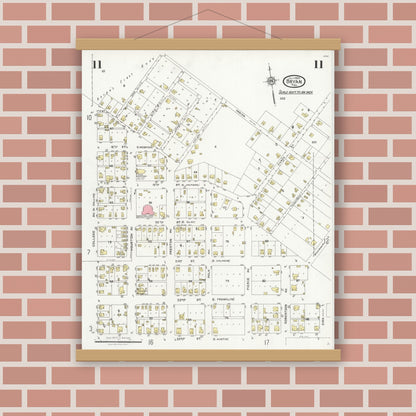 Old map wall art mockup — magnetic wood frame on brick wall — Sanborn Fire Insurance Map from Bryan, Brazos County, Texas (1925), Sheet #0011