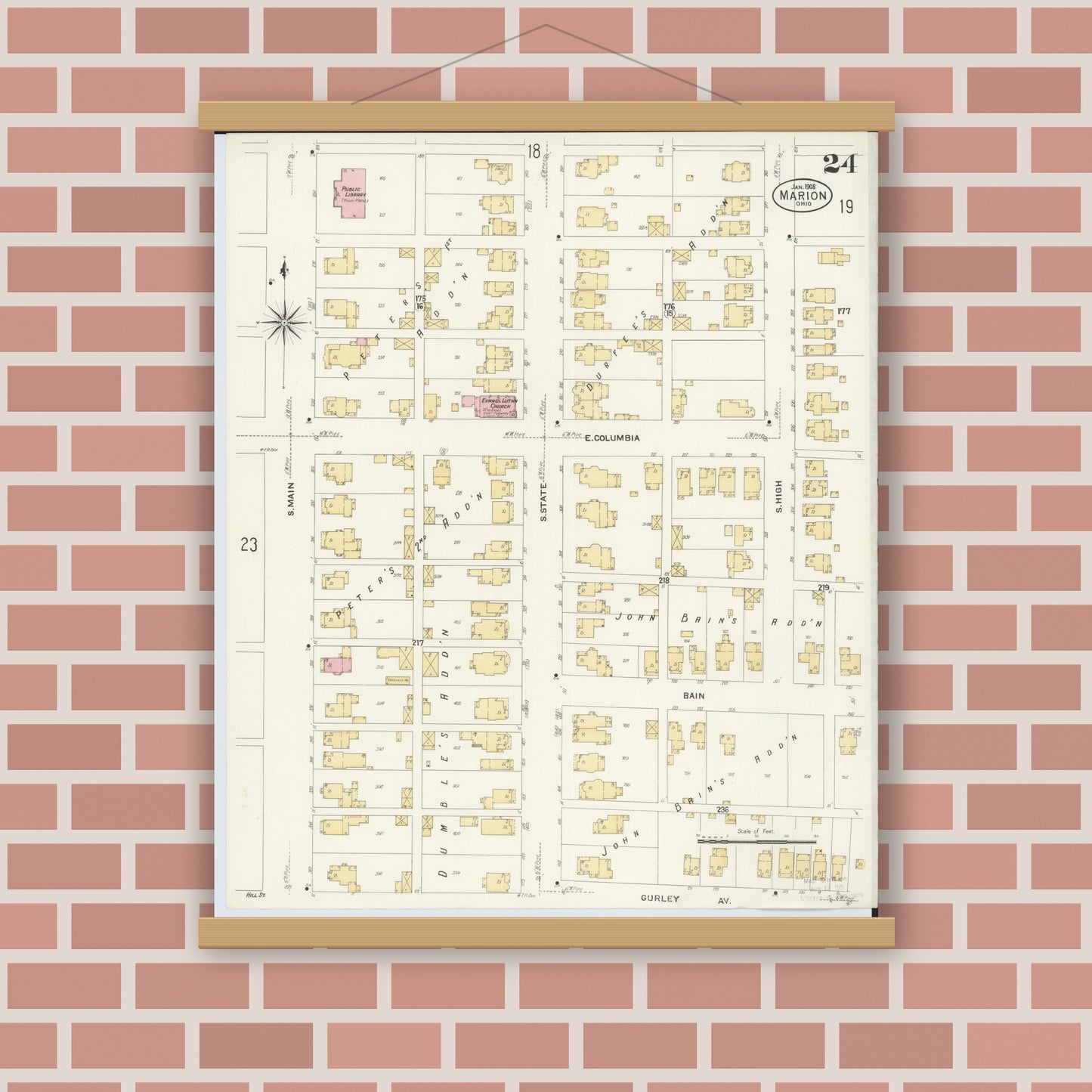 Old map wall art mockup — magnetic wood frame on brick wall — Sanborn Fire Insurance Map from Marion, Marion County, Ohio (1908), Sheet #0024