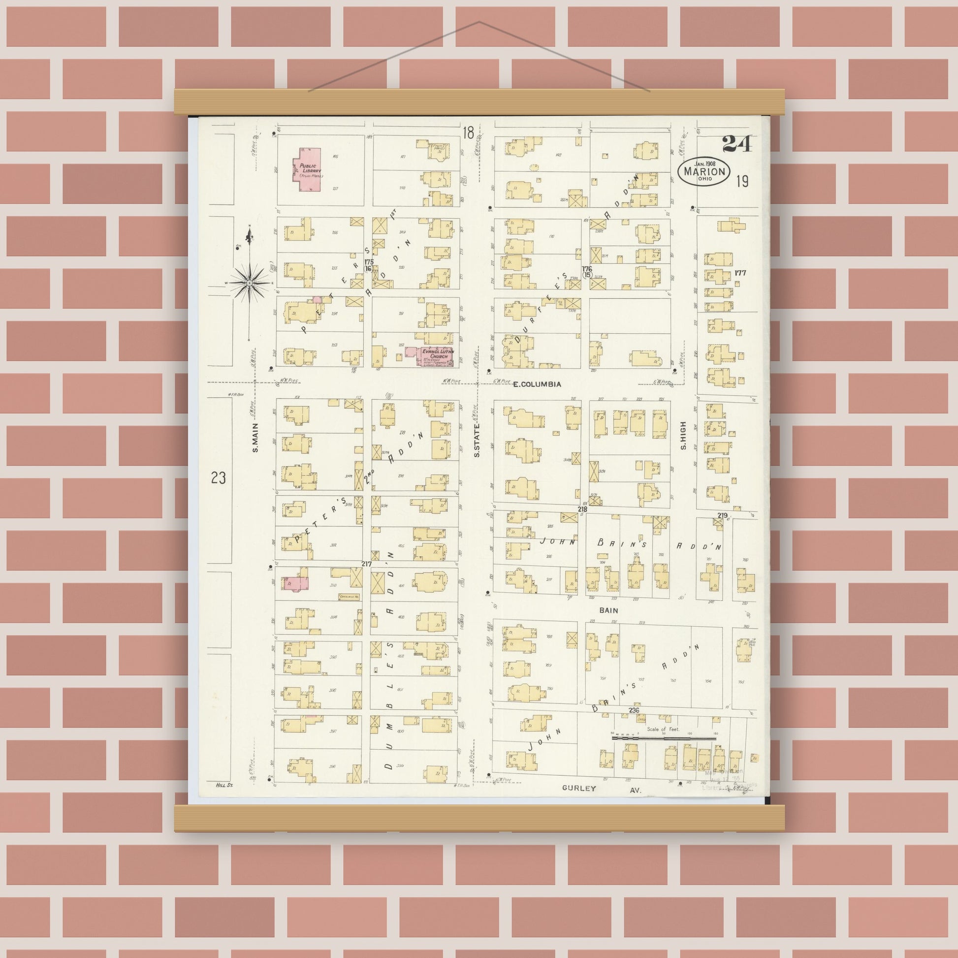 Old map wall art mockup — magnetic wood frame on brick wall — Sanborn Fire Insurance Map from Marion, Marion County, Ohio (1908), Sheet #0024