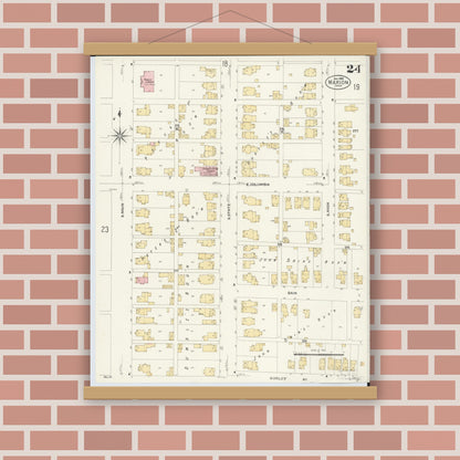 Old map wall art mockup — magnetic wood frame on brick wall — Sanborn Fire Insurance Map from Marion, Marion County, Ohio (1908), Sheet #0024